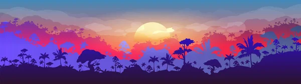 ジャングルフラットカラーベクトルイラスト。夕方の森の風景。夕暮れ時のパノラマの森。オレンジの太陽と熱帯風光明媚な自然。背景に層と熱帯雨林の2D漫画の風景 — ストックベクタ