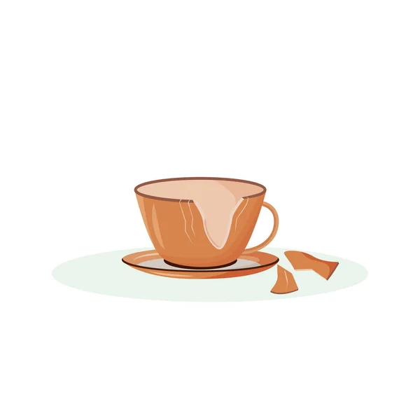 Illustration vectorielle de dessin animé tasse cassée. Tasse à thé fissurée, vaisselle cassée objet plat de couleur. Superstition traditionnelle, bonne chance. Mug en céramique broyée isolé sur fond blanc — Image vectorielle