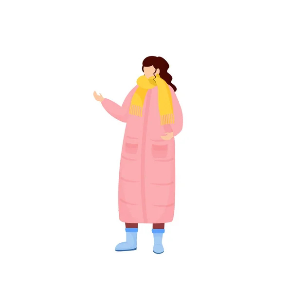 Mujer en rosa abrigo de invierno plana vector de color sin rostro carácter. Mujer con bufanda vestida para la nieve. Persona en traje de temporada para exteriores. Traje de clima frío ilustración de dibujos animados aislados — Archivo Imágenes Vectoriales