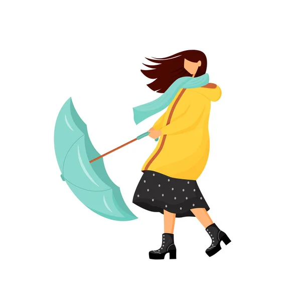 Woman with umbrella at storm flat color vector faceless character. Rainy autumn outfit for female. Raincoat for outdoor walk in cold season. Windy weather isolated cartoon illustration — Stock Vector