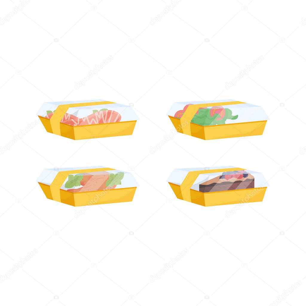 Food delivery, ready-to-eat meals in lunch boxes flat color vector objects set. Packed nutrition, restaurant eating. Food ordering service 2D isolated cartoon illustrations on white background