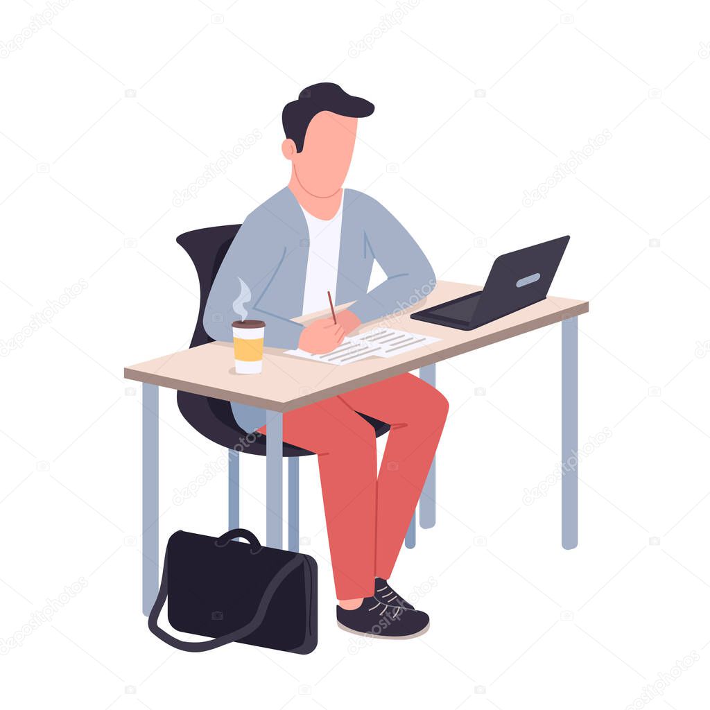College student flat color vector faceless character. Teenager sitting at desk with laptop isolated cartoon illustration for web graphic design and animation. Online education, internet courses