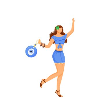 Tılsımlı kız düz renk vektör yüzsüz karakter. Nazar boncuk muskası ve dört yapraklı yonca taşıyan batıl inançlı genç bir kadın web grafik tasarımı ve animasyonu için karikatür çizimleri yaptı.