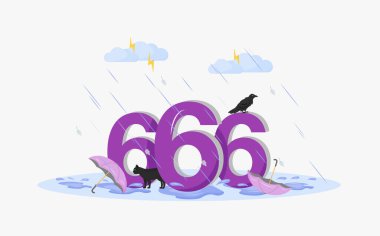 Satan number flat concept vector illustration. Number 666, black cat, crow and umbrellas in thunderstorm 2D cartoon composition for web design. Superstitious symbol, bad omens creative idea
