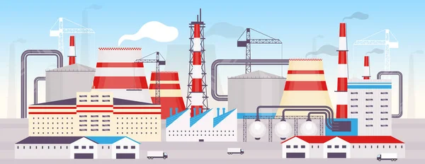 Industriella Kraftverk Platt Färg Vektor Illustration Energistation Tecknad Landskap Med — Stock vektor