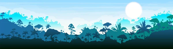 ジャングルフラットカラーベクトルイラスト 青い森の風景 明るいパノラマの森 熱帯風光明媚な自然 牧歌的な環境 背景に層と熱帯雨林の2D漫画の風景 — ストックベクタ