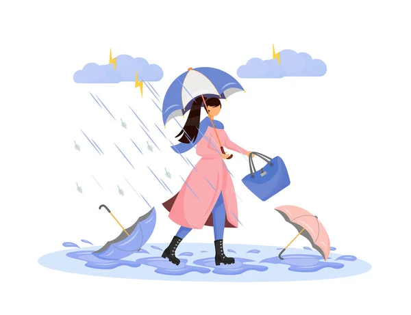 Heavy Rainfall Flat Color Vector Faceless Character Seasonal Thunderstorm Woman — Stock Vector