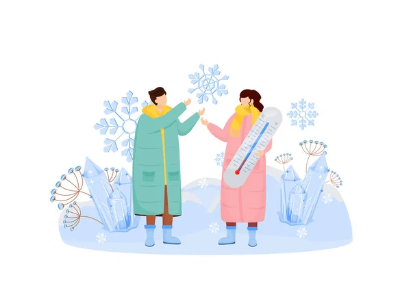 Nieve Tiempo Concepto Plano Vector Ilustración Hombre Mujer Abrigos Personajes — Archivo Imágenes Vectoriales