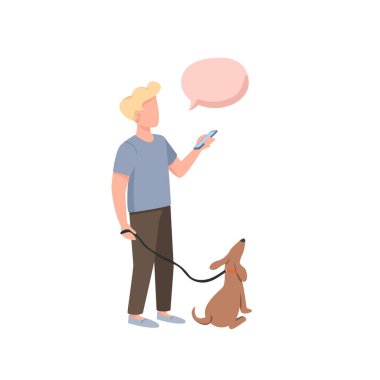 Köpek sahibi düz renk vektörü yüzsüz karakter. Tasmalı bir adam. Elinde telefon olan adam. Konuşma baloncuğu olan kişi web grafik tasarımı ve animasyonu için izole çizgi film çizimi