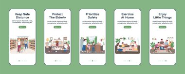Mobil uygulama düz ekran vektör şablonunda karantina ölçümleri. Güvenli mesafede kalın. Karakterli web sitesi adımları. UX, UI, GUI akıllı telefon çizgi film arayüzü, dosya izleri