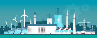Çevre dostu elektrik santrali düz renk vektör çizimi. Arka planda rüzgar türbinleri ve güneş panelleri olan alternatif enerji fabrikası 2D karikatür manzarası. Çevresel olarak güvenli elektrik kaynağı