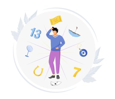 Yaygın batıl inançlar düz konsept vektör çizimi. Batıl inançlı adam web tasarımı için 2D çizgi film karakteri. İyi ve kötü şans sembolleriyle çevrili bir adam. Bilinmeyen yaratıcı fikirlerin mantıksız korkusu