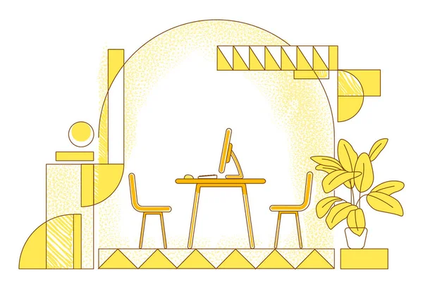 经理办公室平面轮廓矢量插图 公司董事 首席执行官在黄色背景下勾勒出工作场所的构成轮廓 房间里空荡荡的椅子和台式计算机简朴的画风 — 图库矢量图片