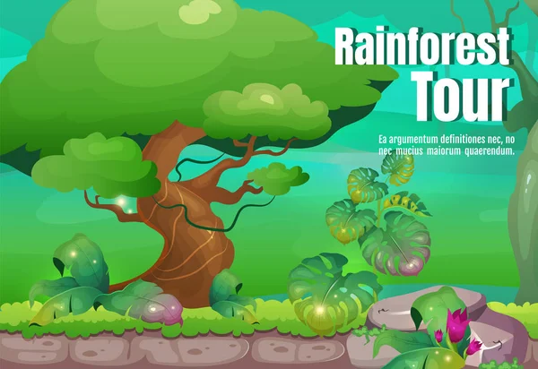 Regenwoud Tour Poster Vlakke Vector Template Ontdek Wilde Tropische Natuur — Stockvector