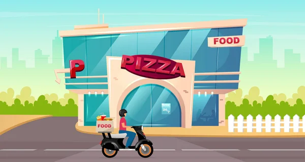 Pizza Posto Sulla Strada Piatta Vettoriale Colori Illustrazione Consegna Fast — Vettoriale Stock