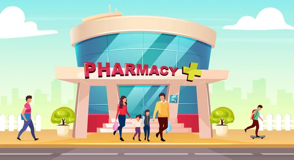 Pharmacy Βιτρίνα Επίπεδη Έγχρωμη Διανυσματική Απεικόνιση Είσοδος Φαρμακείου Κοντά Στο — Διανυσματικό Αρχείο