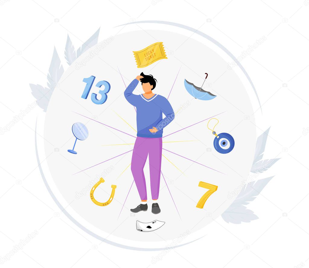 Common superstitions flat concept vector illustration. Superstitious man 2D cartoon character for web design. Guy surrounded with good and bad luck symbols. Irrational fear of unknown creative idea