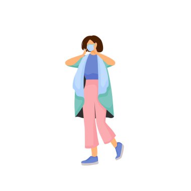 Yüz maskeli kadın düz renk vektörü, yüzü olmayan karakter. Ağız kirli havadan korunuyor. Grip virüsü önlemi. Hijyen solunumu. Hasta kadın. Hava kirliliği karikatür çizimlerini izole etti