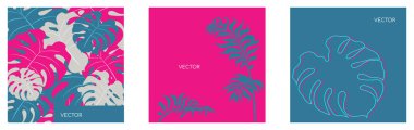 Orman vejitasyonu düz renk vektör arkaplanı ayarlandı. Pembe canavar yaprağı. Arıza çiçekli dal. Tropik botanik motivasyon sosyal medya çıktısı. Egzotik yaz yaprakları web afiş şablonları paketi