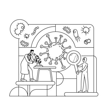 Patojen analizi ince çizgi konsept vektör çizimi. Tıp laboratuarı çalışanları, biyologlar web tasarımı için 2D çizgi film karakterleri. Bilim adamları koronavirüs hücresini inceliyor. Bakteriyoloji yaratıcı fikir