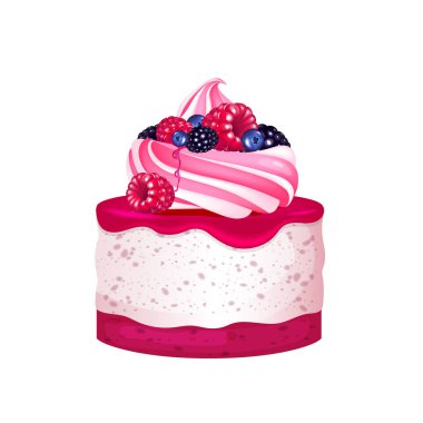 Çilekli cheesecake, kremalı tatlı gerçekçi vektör çizimi. Tatlı fırın, şekerli pasta. Pofuduk kek, krem şantili tatlı beyaz arka planda 3 boyutlu izole nesne.