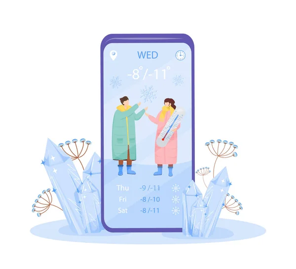 Kallt Väder Tecknad Smartphone Vektor App Skärm Man Och Kvinna — Stock vektor