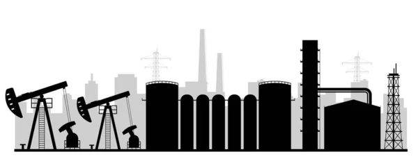 Raffinaderi Växt Svart Siluett Vektor Illustration Enfärgad Industrigasutvinningsanläggning Onshore Oljerigg — Stock vektor