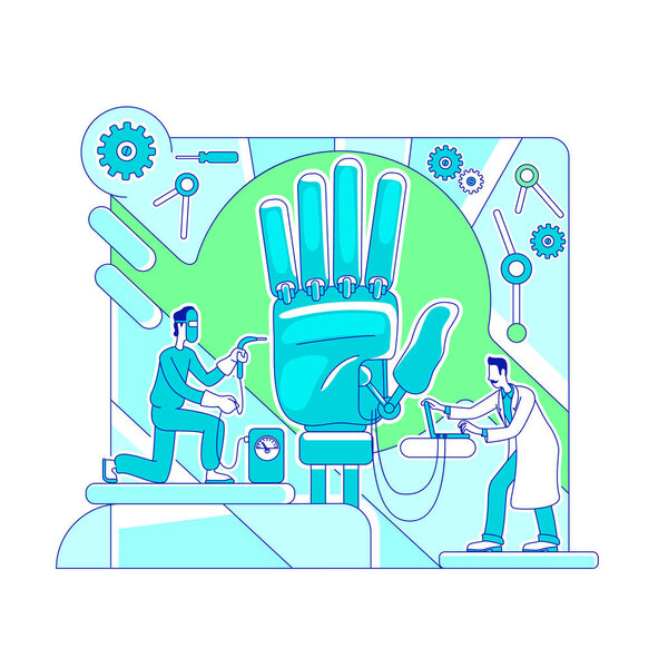 Протезирование науки о тонкой линии концептуальной векторной иллюстрации. Работники Lab, ученые и инженеры 2D мультперсонажи для веб-дизайна. Искусственная конечность, бионическая конструкция рук. Творческая идея робототехники
