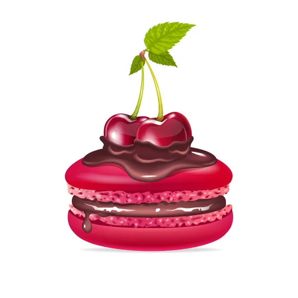 Macarrón Postre Cremoso Con Chocolate Cerezas Ilustración Vectorial Realista Merengue — Vector de stock