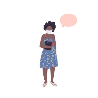 Tıbbi maske takan Afro-Amerikan öğrenci yüzü olmayan düz renk vektörü. Siyahi kadın kitabı tutuyor. Konuşma baloncuğu olan kişi web grafik tasarımı ve animasyonu için izole çizgi film çizimi