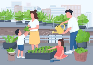 Aile aktivitesi düz renk vektörü çizimi. Anne ve baba çocuklara bahçecilik öğretiyor. Açık havada saksı sulamak. Ebeveynler ve çocuklar arka planda 2D çizgi film karakterleri