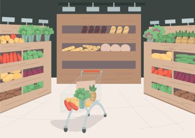 Marketin düz renk vektör çizimi. Dükkandaki raflarda çeşitli yiyecek ve mallar var. İçinde sebzeler ve meyveler olan bir araba. Arka planda dekor olan 2D süpermarket karikatürü