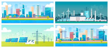 Sürdürülebilir enerji ve mimari düz renk çizimleri ayarlandı. Çevre dostu elektrik istasyonları ve şehirler 2D karikatür manzaraları. Alternatif enerji santralleri, metropol ve inşaat alanı