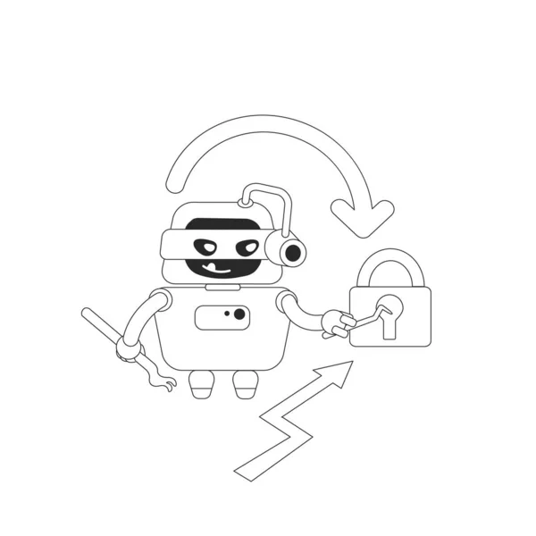 Illustration vectorielle de concept de ligne mince bot pirate. Vol de données de compte personnel et de contenu du site Web. Mauvais robot racleur personnage de dessin animé 2D pour la conception web. Mot de passe programme de fissuration idée créative — Image vectorielle