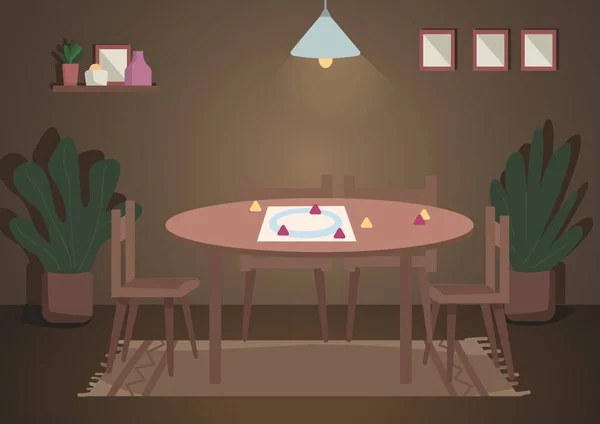 Lieu pour les loisirs en famille soirée illustration vectorielle de couleur plate. Table pour jeux de société avec lampe ci-dessus. Réglage de la table pour jouer. Salon 2D intérieur de dessin animé avec décor sur fond — Image vectorielle