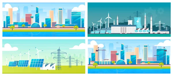 Sürdürülebilir enerji ve mimari düz renk çizimleri ayarlandı. Çevre dostu elektrik istasyonları ve şehirler 2D karikatür manzaraları. Alternatif enerji santralleri, metropol ve inşaat alanı — Stok Vektör