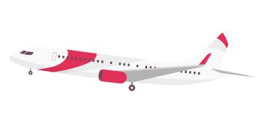 Uçak karikatürü vektör çizimi. Modern yolcu uçağı düz renkli nesne. Büyük bir havayolu şirketi taşımacılığı, beyaz arka planda izole edilmiş bir jet uçağı. Uluslararası ticari uçuşlar servisi