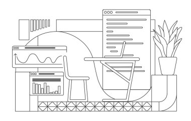 Veri analisti iş yeri ana hatlı vektör çizimi. Çağdaş iş analitiği ofis iç tasarım kompozisyonu beyaz arka planda. İşçi bilgisayarı masa başında basit biçim çizimi