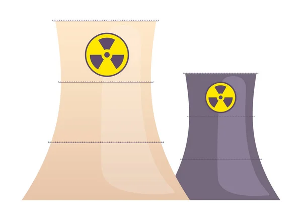 Ilustracja wektora karykatury reaktorów atomowych. Przemysłowy zakład produkcyjny buduję płaski kolor obiekt. Kominy chłodzące na białym tle. Wytwarzanie energii jądrowej — Wektor stockowy