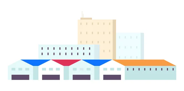 Magazijnen cartoon vector illustratie. Industriële magazijnen platte kleur objecten. Meerverdiepingen tellende gebouwen en ruime hangars geïsoleerd op witte achtergrond. Opslagplaats, containerwerf — Stockvector
