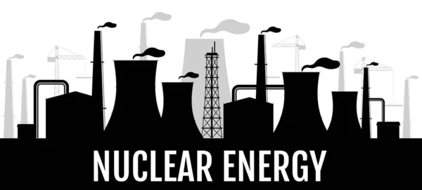 Nükleer enerji siyah siluet bayrak şablonu. Endüstriyel güç üretim tesisi yatay poster monokrom tasarımı. Atomik üretim tesisi 2D karikatür şekilli tipografi — Stok Vektör
