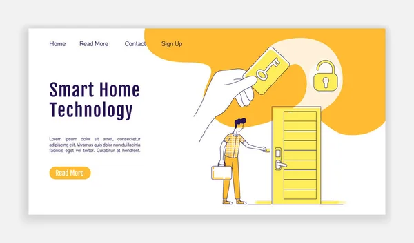 Smart home tech landing page plantilla de vector de silueta plana. Diseño electrónico de la página principal. Tarjeta RFID interfaz del sitio web de una página con carácter contorno de dibujos animados. Bloqueo de tarjeta de acceso banner web, página web — Vector de stock