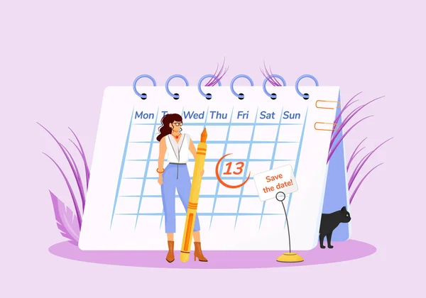 Pátek třináctý plochý koncept vektorové ilustrace. Mladá pověrčivá žena s kalendářem a černá kočka 2D kreslené postavičky pro web design. Běžná pověra, nešťastné rande kreativní nápad — Stockový vektor
