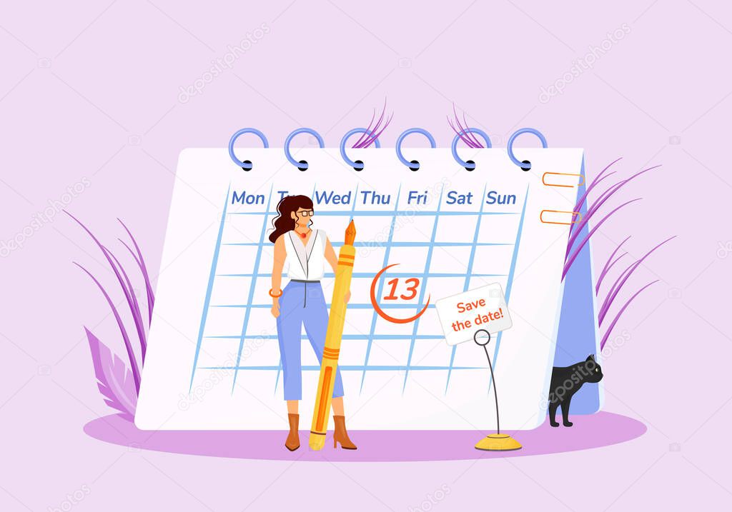 Friday thirteenth flat concept vector illustration. Young superstitious woman with calendar and black cat 2D cartoon characters for web design. Common superstition, unfortunate date creative idea
