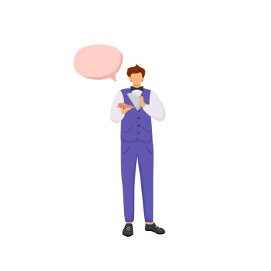 Garson düz renk vektörü yüzsüz karakter. Yemek tepsisi olan adam. Üniformalı adam yemek servisi yapıyor. Konuşma baloncuğu olan kişi web grafik tasarımı ve animasyonu için izole çizgi film çizimi