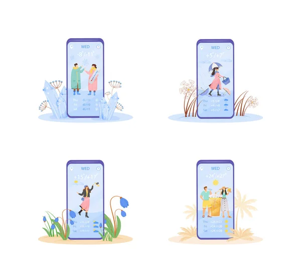 Wöchentliche Wettervorhersage Cartoon Smartphone Vektor App Bildschirm eingestellt. Handy-Display mit flachem Design-Attrappe. Tägliche Temperaturbenachrichtigung Anwendung Telefon-Schnittstelle — Stockvektor