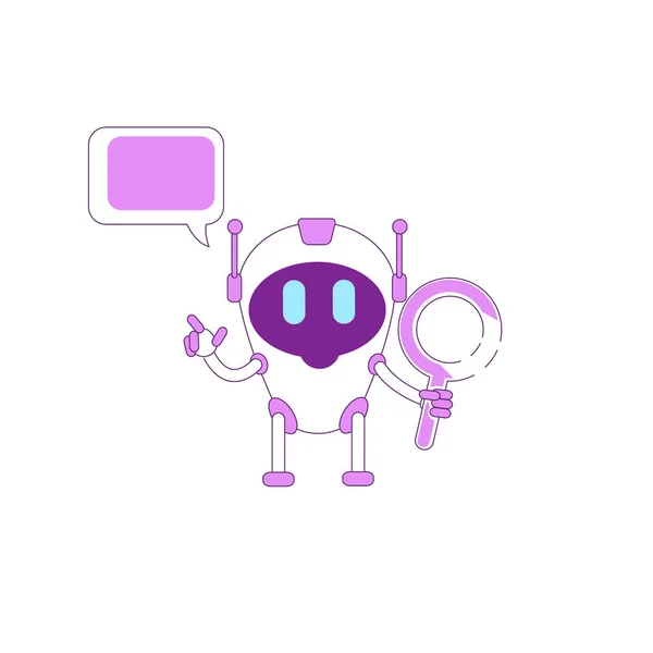 Assistente virtual personagem vetorial de cor plana. Robô rapaz com lupa. Ai inteligente. Robô humanoide roxo com ilustração de desenho animado isolado de bolha de fala para design gráfico e animação web — Vetor de Stock