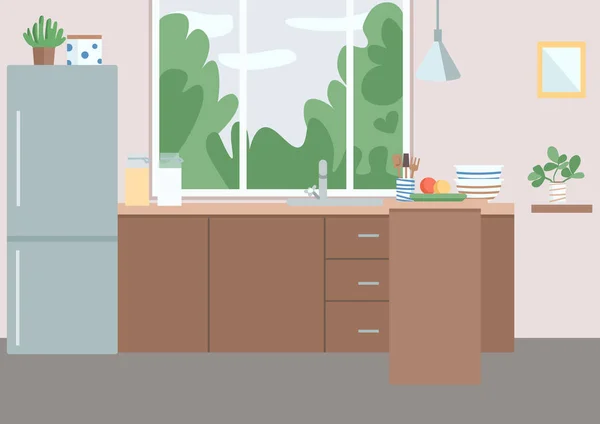 Ilustrasi vektor warna datar dapur. Perabotan rumah tinggal. Kulkas dekat lemari. Kitchenware, peralatan dan peralatan di meja. Interior kartun 2D ruang makan dengan jendela di latar belakang - Stok Vektor