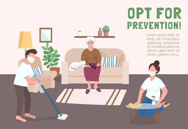 OPT prevenciós plakát lapos vektor sablonja. Az emberek segítenek az idősebbeknek a karantén alatt. Prospektus, füzet egy oldalas koncepció design rajzfilmfigurákkal. Családi rutin szórólap, tájékoztató — Stock Vector