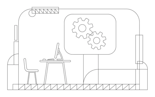 Illustrazione vettoriale del profilo dell'ufficio dell'amministratore delegato dell'azienda. Direttore esecutivo composizione del contorno sul posto di lavoro su sfondo giallo. Spazio di lavoro vuoto con computer desktop e ingranaggi disegno semplice stile — Vettoriale Stock